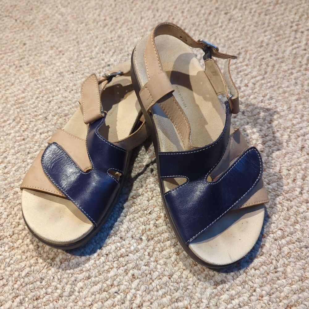 SAS Huggy Cross Strap Sandals Womens 9 Blue Tan Leather Tripad Comfort